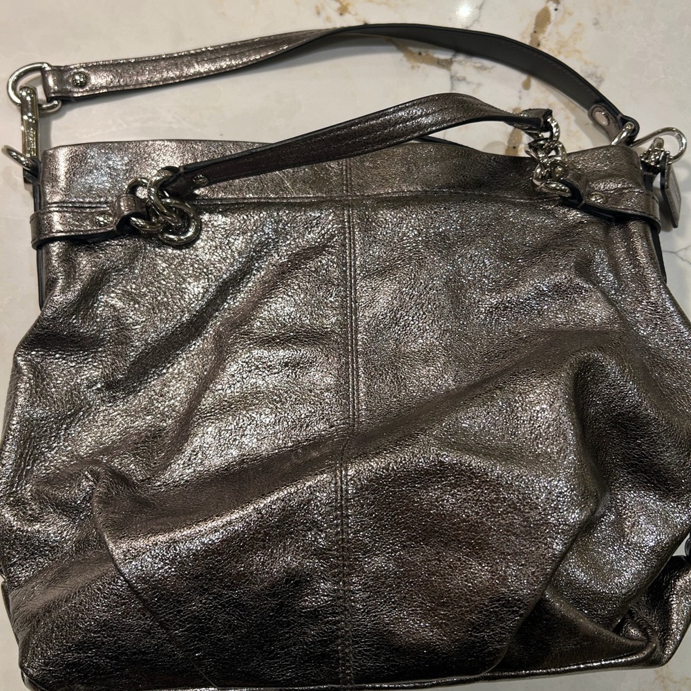 Coach Metallic Pewter Leather Shoulder Bag
